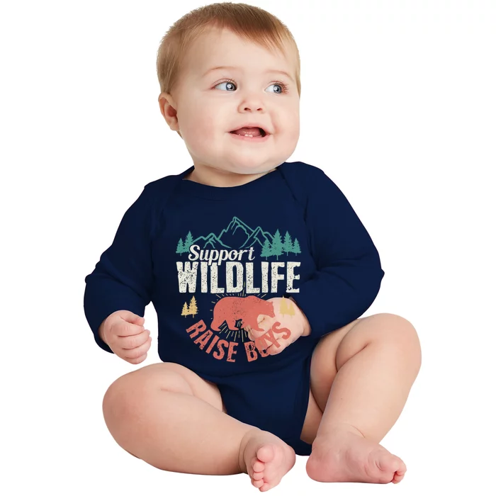 Support Wildlife Raise Mom Dad Wild One Funny Gift Baby Long Sleeve Bodysuit