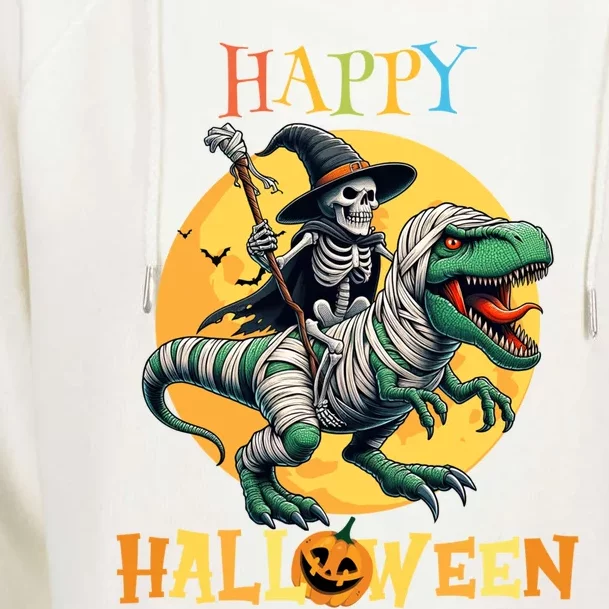 Scary Witch Riding Mummy Dinosaur T Rex Happy Halloween Cute Gift Womens Funnel Neck Pullover Hood