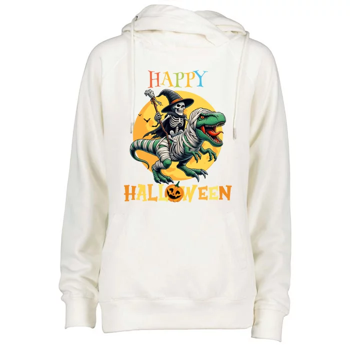 Scary Witch Riding Mummy Dinosaur T Rex Happy Halloween Cute Gift Womens Funnel Neck Pullover Hood