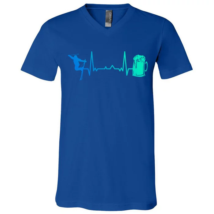 Skiing Winter Sports Heartbeat Ekg Skier Ski Skiing Gift V-Neck T-Shirt