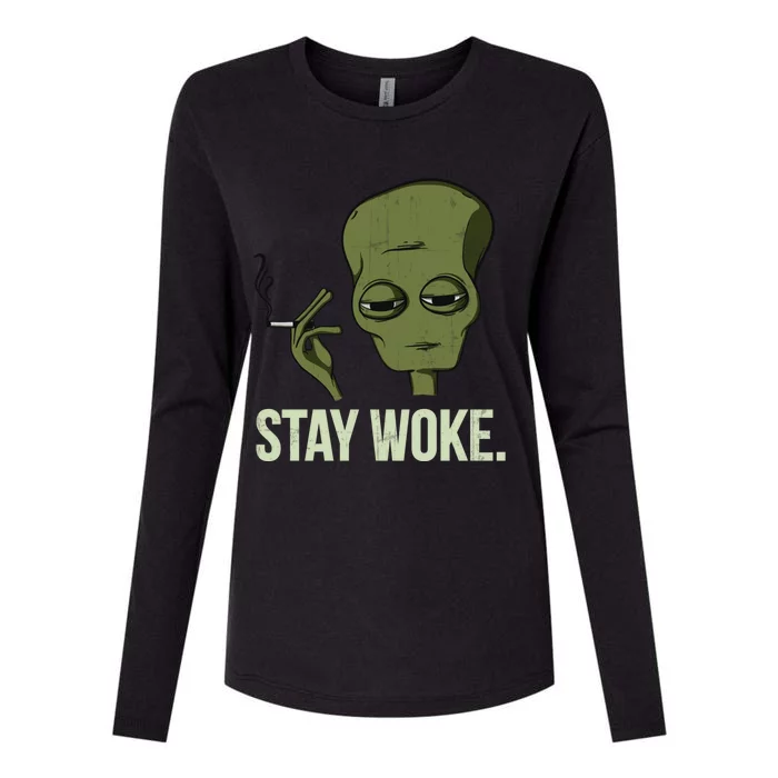 Stay Woke Smoking Alien Funny Chilled Aware Gift Womens Cotton Relaxed Long Sleeve T-Shirt