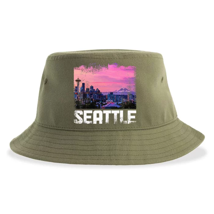 Seattle Washington Skyline Pnw Vintage Pride Sustainable Bucket Hat