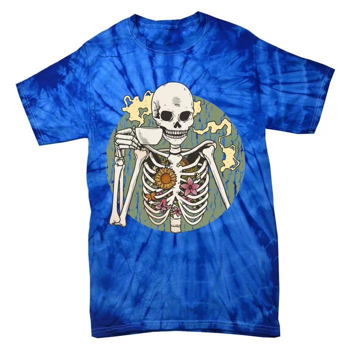 Skeleton With Steaming Cup Of Coffee Cool Gift Tie-Dye T-Shirt