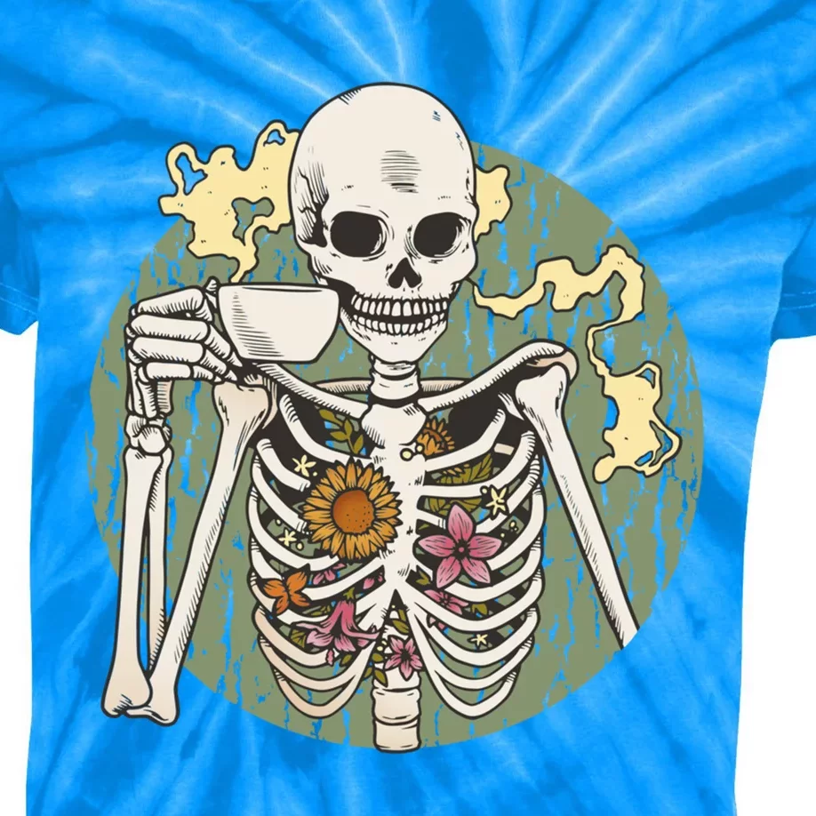 Skeleton With Steaming Cup Of Coffee Cool Gift Kids Tie-Dye T-Shirt