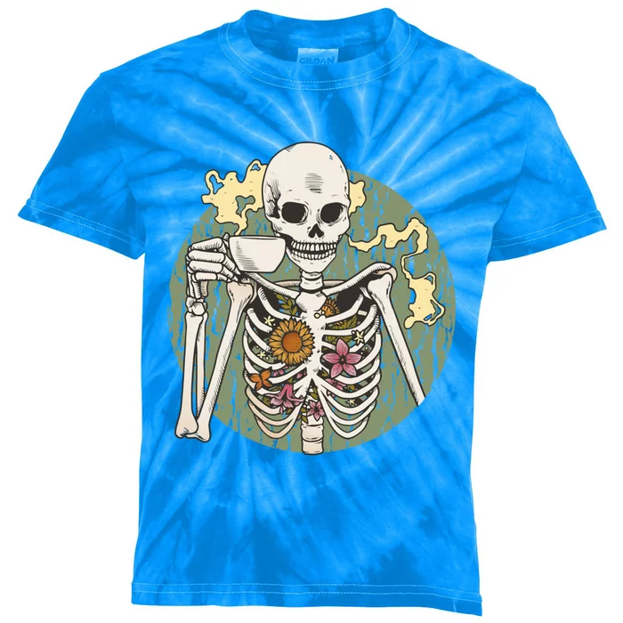 Skeleton With Steaming Cup Of Coffee Cool Gift Kids Tie-Dye T-Shirt