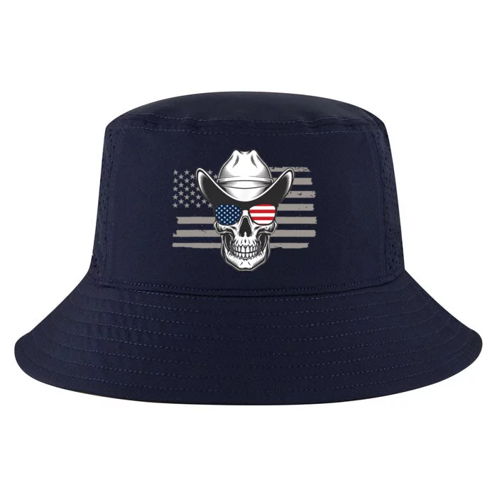 Skull With Sunglasses And Cowboy Hat In Front Of US Flag Cool Comfort Performance Bucket Hat