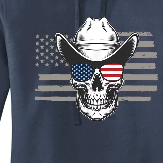 Skull With Sunglasses And Cowboy Hat In Front Of US Flag Women's Pullover Hoodie