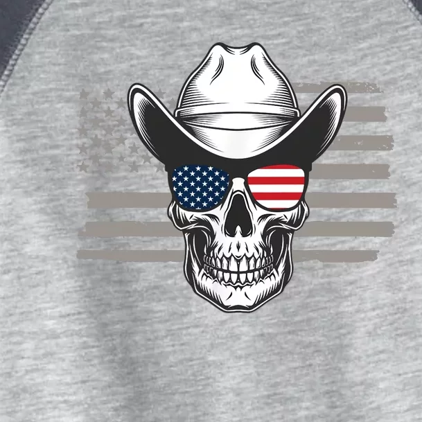 Skull With Sunglasses And Cowboy Hat In Front Of US Flag Toddler Fine Jersey T-Shirt