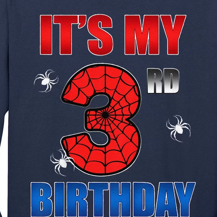 Spider Web Three 3 Years Old ItS My 3rd Birthday Boy Party Tall Long Sleeve T-Shirt