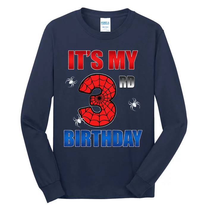 Spider Web Three 3 Years Old ItS My 3rd Birthday Boy Party Tall Long Sleeve T-Shirt