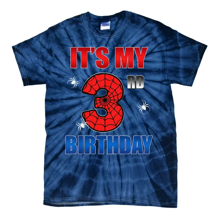 Spider Web Three 3 Years Old ItS My 3rd Birthday Boy Party Tie-Dye T-Shirt