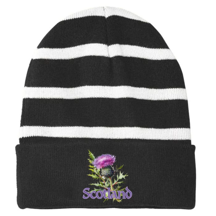 Scotland Watercolor Thistle Striped Beanie with Solid Band