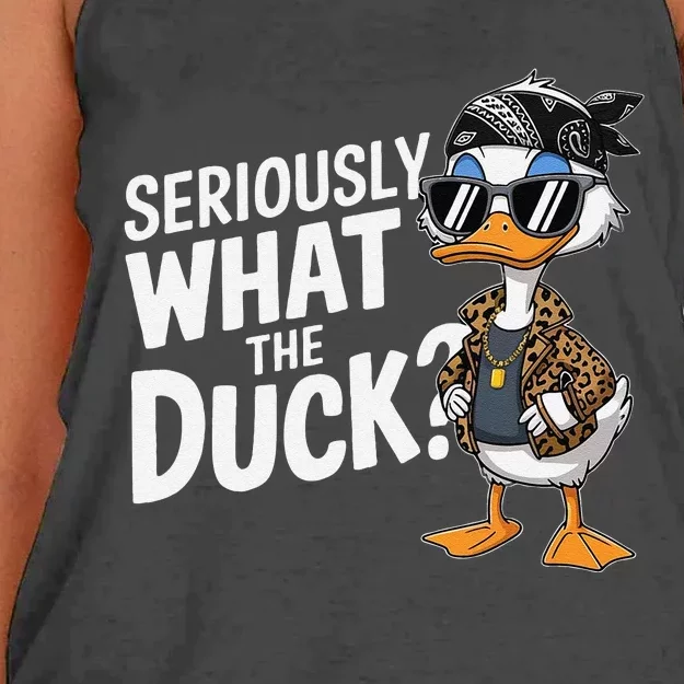 Seriously What The Duck Funny Cartoon Duck Humor Women's Knotted Racerback Tank