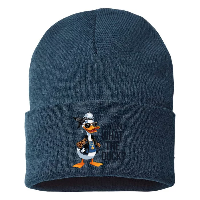 Seriously What The Duck Funny Cartoon Duck Humor Sustainable Knit Beanie