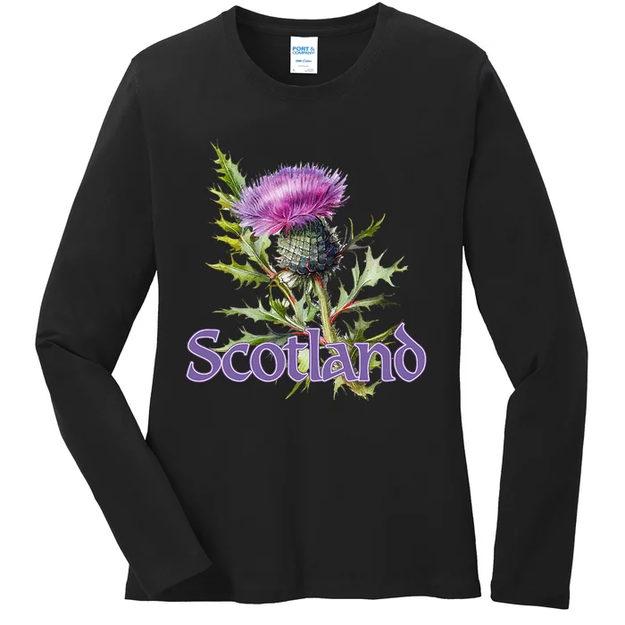 Scotland Watercolor Thistle Ladies Long Sleeve Shirt