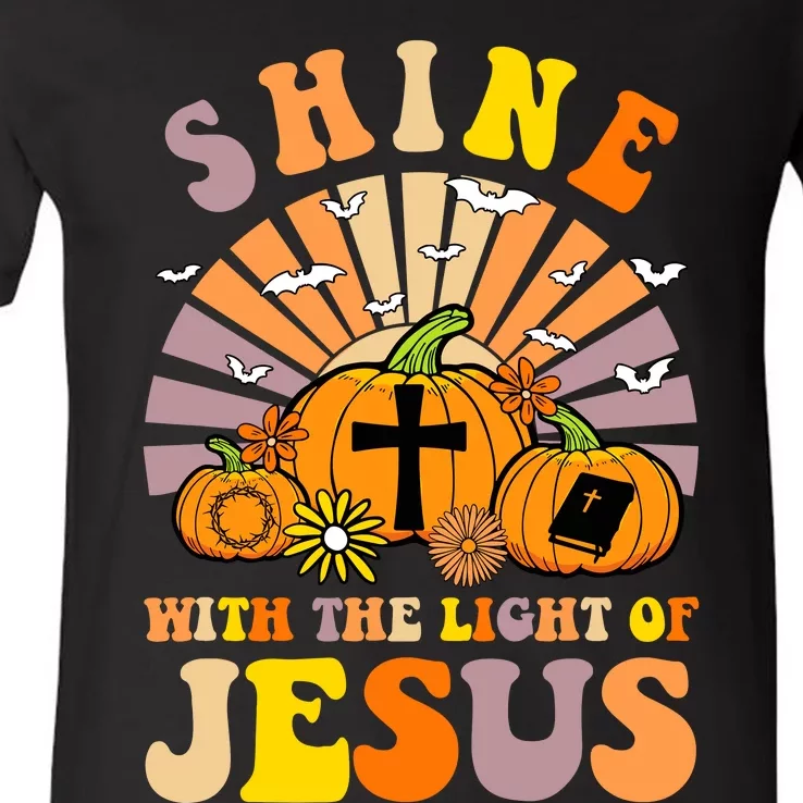 Shine With The Light Of Jesus Christian Lover Halloween Fall V-Neck T-Shirt