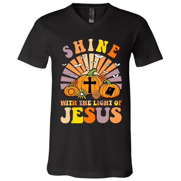 Shine With The Light Of Jesus Christian Lover Halloween Fall V-Neck T-Shirt