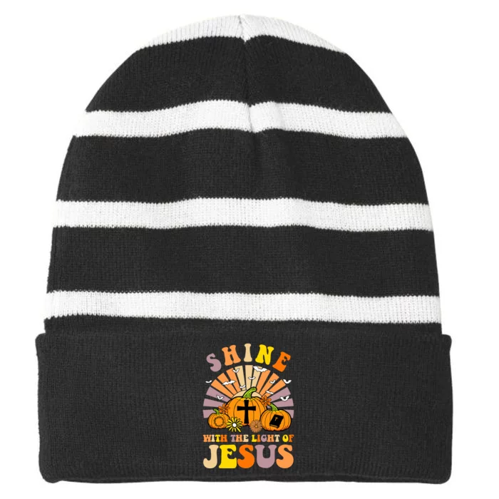 Shine With The Light Of Jesus Christian Lover Halloween Fall Striped Beanie with Solid Band