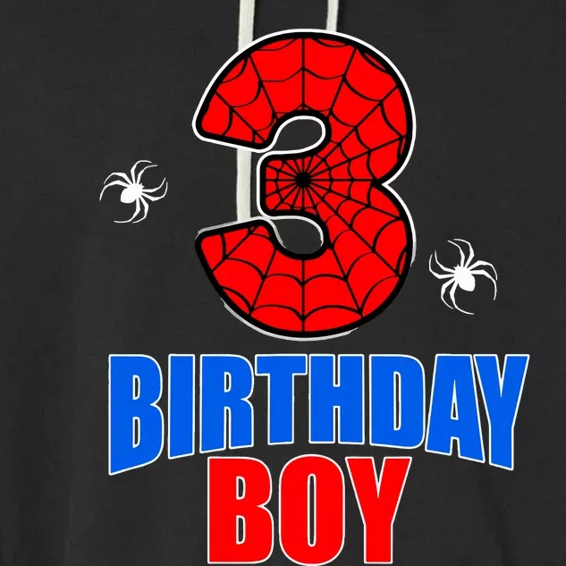 Spider Web Three 3 Years Old 3rd Birthday Boy Party Garment-Dyed Fleece Hoodie