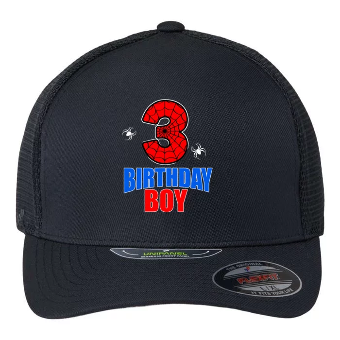 Spider Web Three 3 Years Old 3rd Birthday Boy Party Flexfit Unipanel Trucker Cap