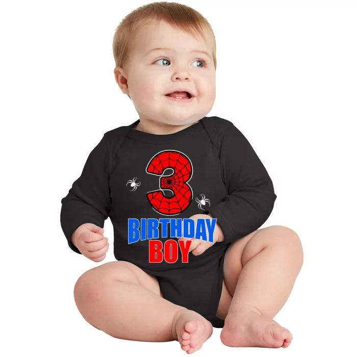 Spider Web Three 3 Years Old 3rd Birthday Boy Party Baby Long Sleeve Bodysuit