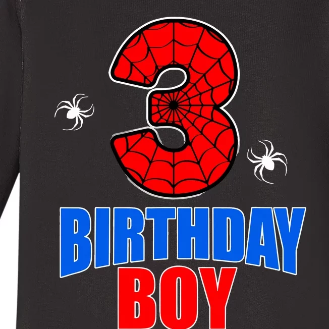 Spider Web Three 3 Years Old 3rd Birthday Boy Party Baby Long Sleeve Bodysuit