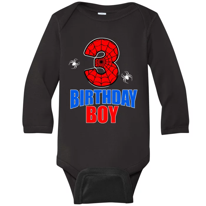 Spider Web Three 3 Years Old 3rd Birthday Boy Party Baby Long Sleeve Bodysuit