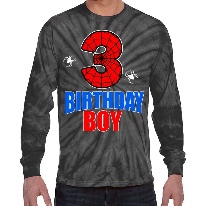 Spider Web Three 3 Years Old 3rd Birthday Boy Party Tie-Dye Long Sleeve Shirt