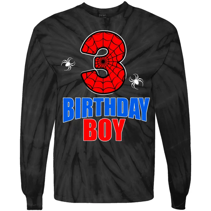 Spider Web Three 3 Years Old 3rd Birthday Boy Party Tie-Dye Long Sleeve Shirt