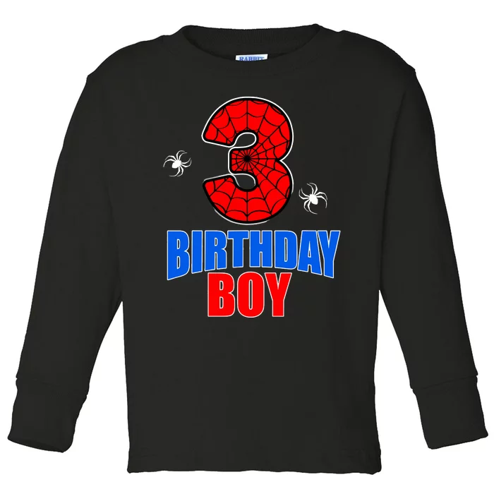 Spider Web Three 3 Years Old 3rd Birthday Boy Party Toddler Long Sleeve Shirt