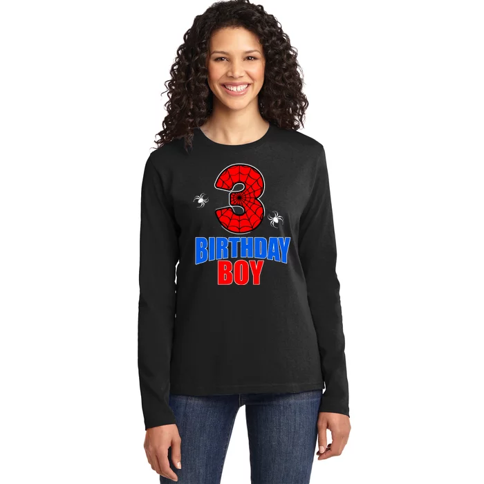 Spider Web Three 3 Years Old 3rd Birthday Boy Party Ladies Long Sleeve Shirt