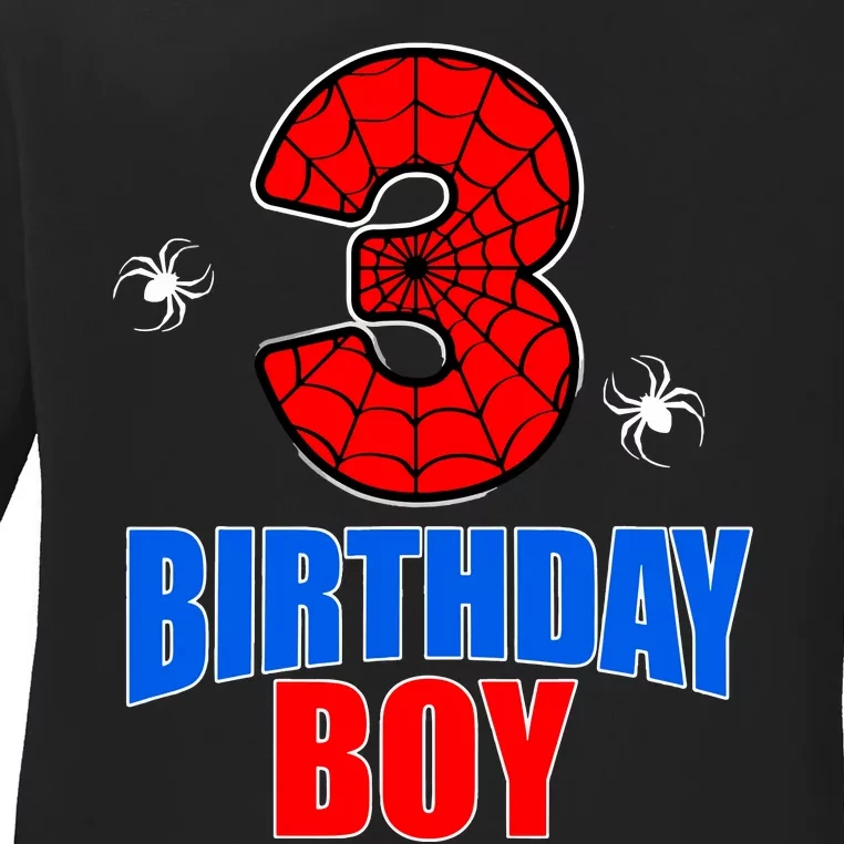 Spider Web Three 3 Years Old 3rd Birthday Boy Party Ladies Long Sleeve Shirt