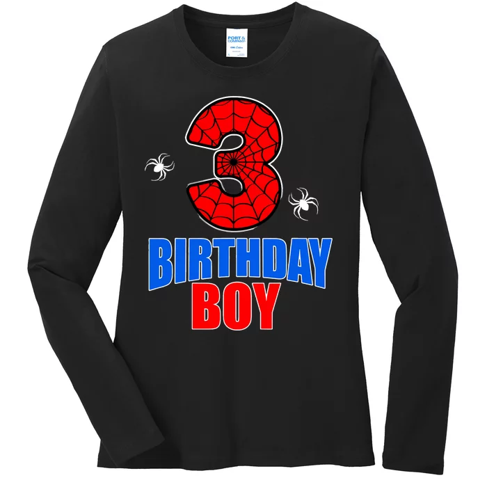 Spider Web Three 3 Years Old 3rd Birthday Boy Party Ladies Long Sleeve Shirt