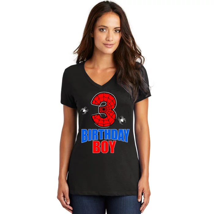 Spider Web Three 3 Years Old 3rd Birthday Boy Party Women's V-Neck T-Shirt