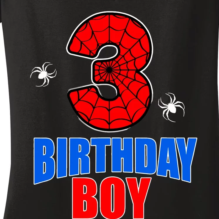 Spider Web Three 3 Years Old 3rd Birthday Boy Party Women's V-Neck T-Shirt