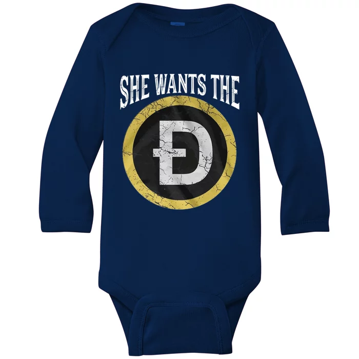 She Wants The D Funny Dogecoin Meme Doge Hodl To The Moon Gift Baby Long Sleeve Bodysuit