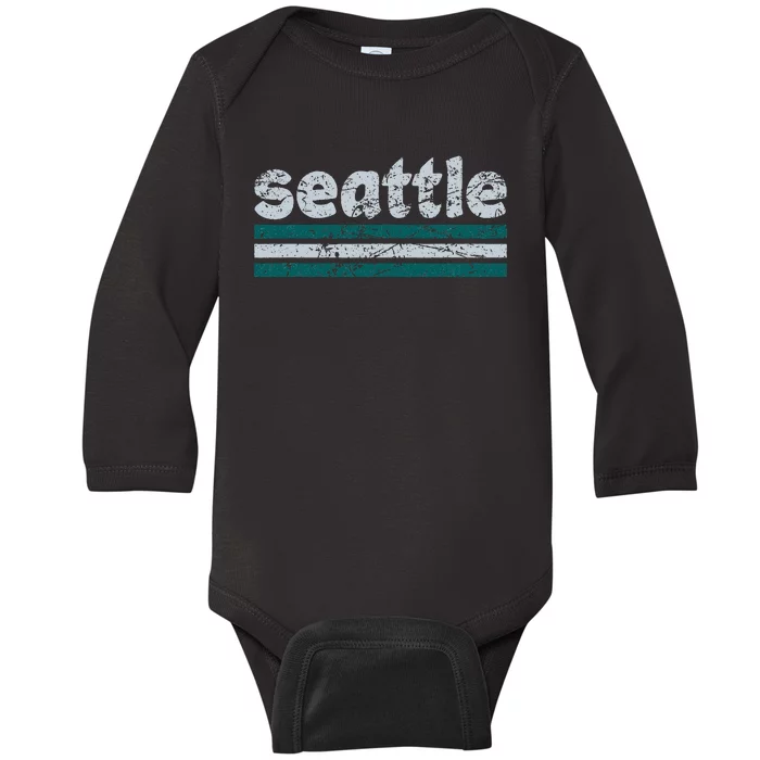 Seattle Washington Three Stripe Vintage Weathered Baby Long Sleeve Bodysuit