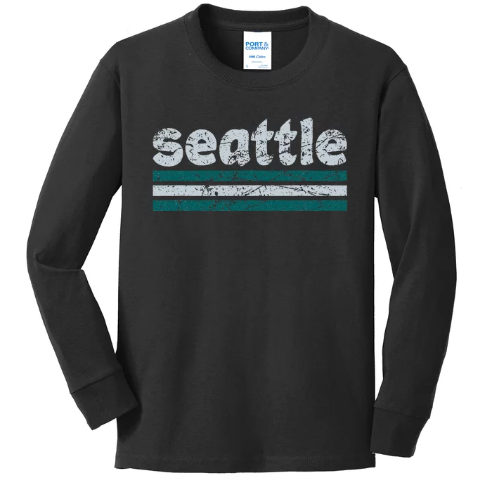 Seattle Washington Three Stripe Vintage Weathered Kids Long Sleeve Shirt