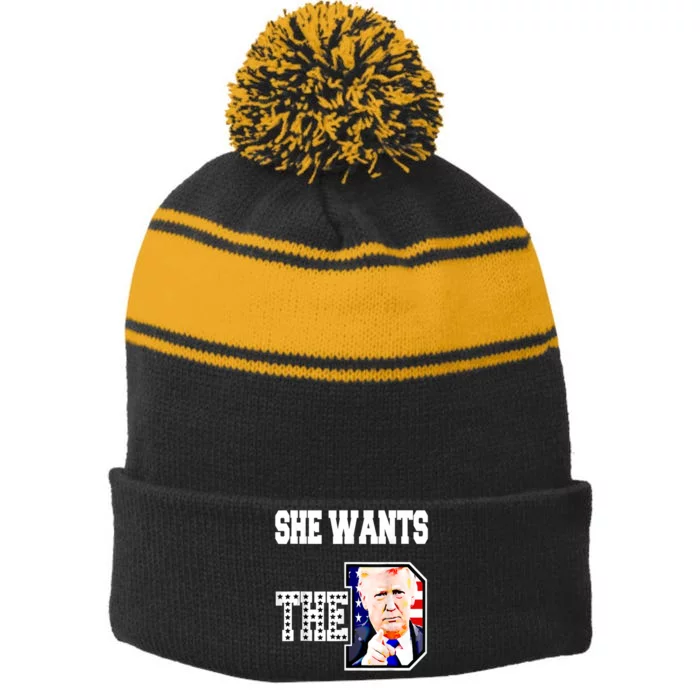 She Wants The D Donald Trump 2024 Stripe Pom Pom Beanie