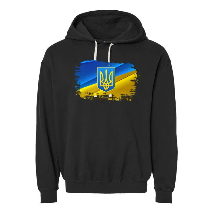 Stand With Ukraine Distressed Coat Of Arms Crest Flag Garment-Dyed Fleece Hoodie