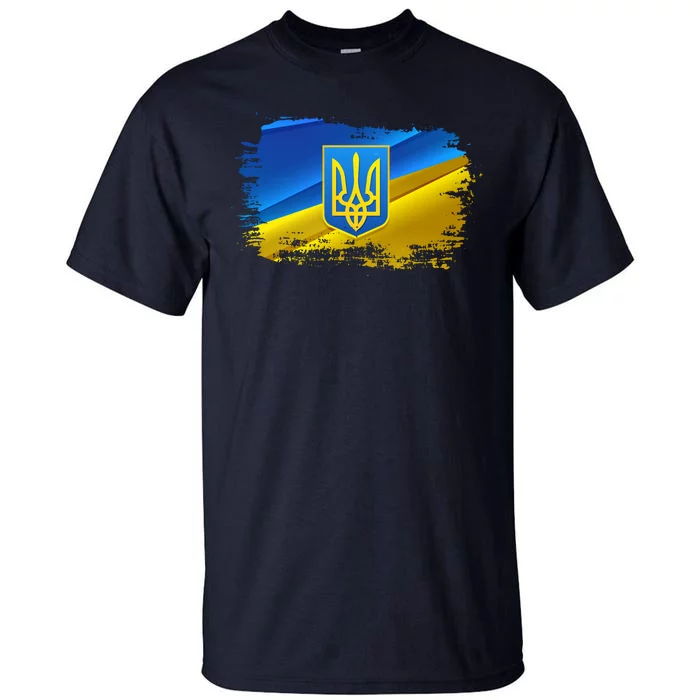 Stand With Ukraine Distressed Coat Of Arms Crest Flag Tall T-Shirt