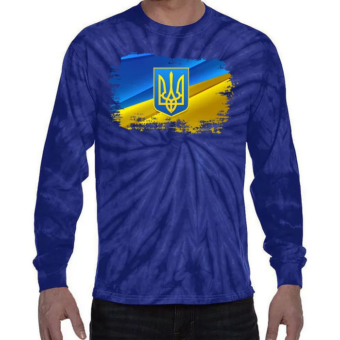 Stand With Ukraine Distressed Coat Of Arms Crest Flag Tie-Dye Long Sleeve Shirt