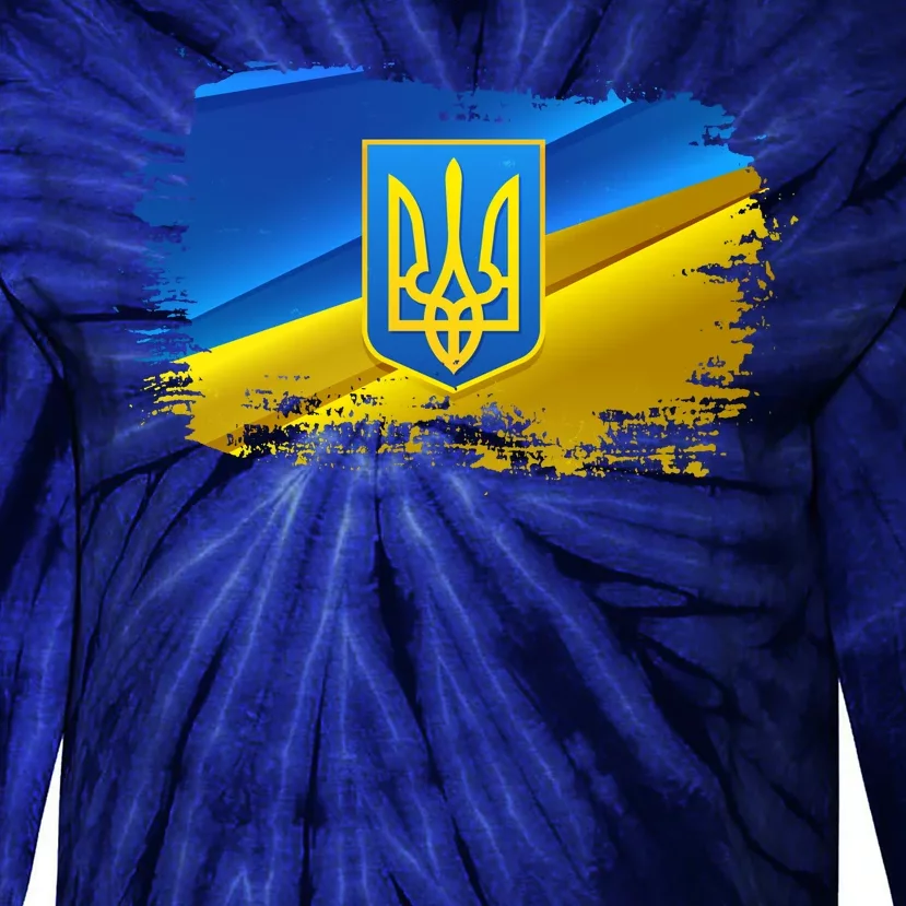 Stand With Ukraine Distressed Coat Of Arms Crest Flag Tie-Dye Long Sleeve Shirt