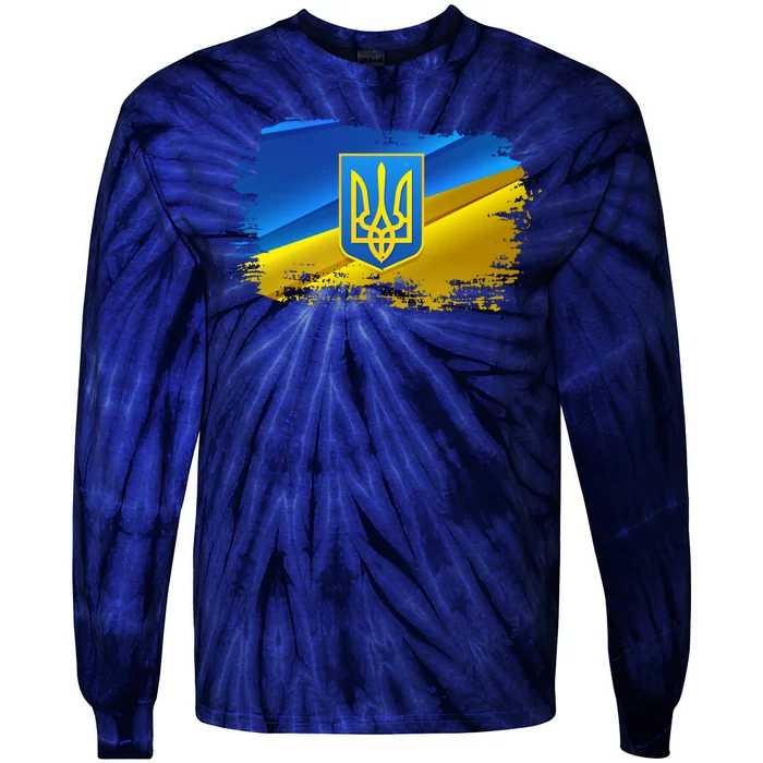 Stand With Ukraine Distressed Coat Of Arms Crest Flag Tie-Dye Long Sleeve Shirt