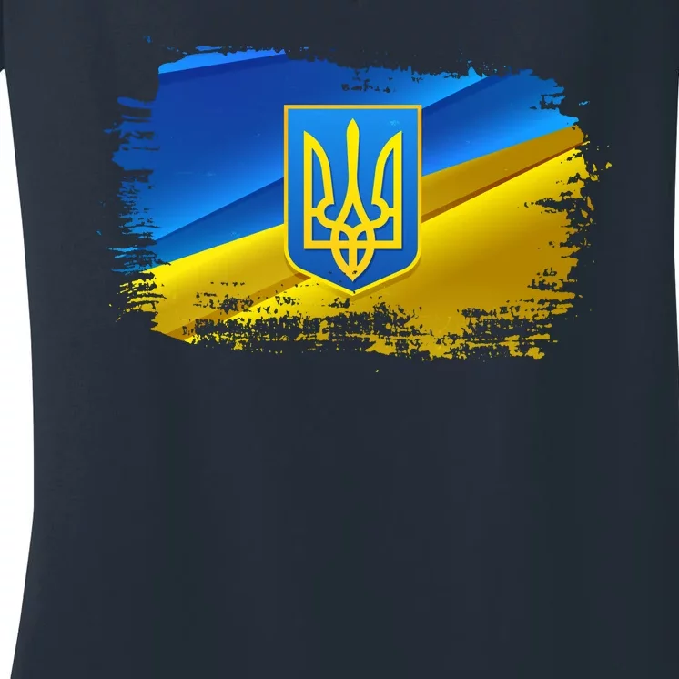 Stand With Ukraine Distressed Coat Of Arms Crest Flag Women's V-Neck T-Shirt