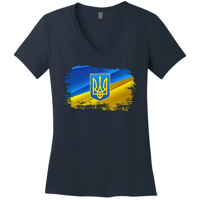 Stand With Ukraine Distressed Coat Of Arms Crest Flag Women's V-Neck T-Shirt