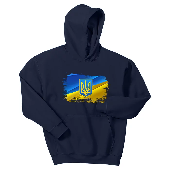 Stand With Ukraine Distressed Coat Of Arms Crest Flag Kids Hoodie