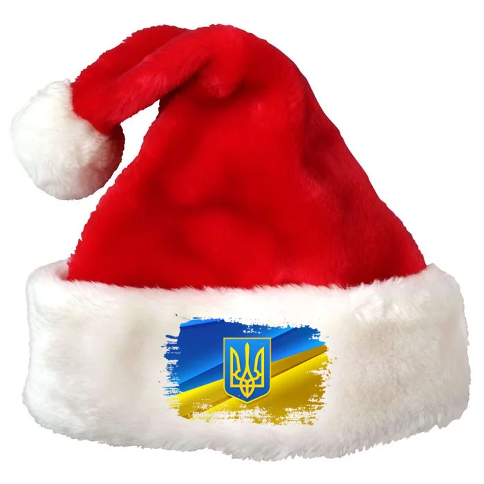 Stand With Ukraine Distressed Coat Of Arms Crest Flag Premium Christmas Santa Hat