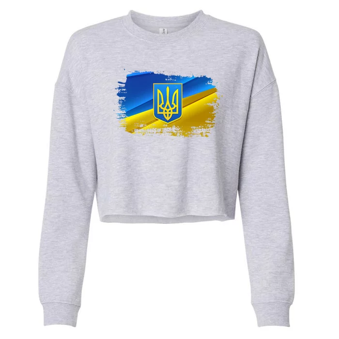 Stand With Ukraine Distressed Coat Of Arms Crest Flag Cropped Pullover Crew