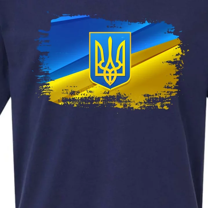 Stand With Ukraine Distressed Coat Of Arms Crest Flag Sueded Cloud Jersey T-Shirt